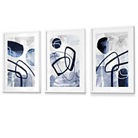 Abstract Navy Blue Shapes Set of 3 Prints Wall Art / 42x59cm (A2) / White Frame