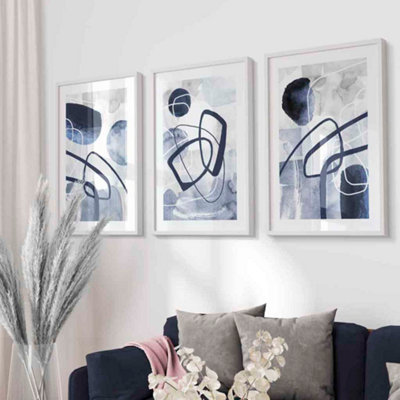 Blue & Silver Abstract Canvas Art Prints, Set of 3