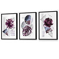 Abstract Purple and Silver Grey Floral Wall Art Prints / 42x59cm (A2) / Black Frame