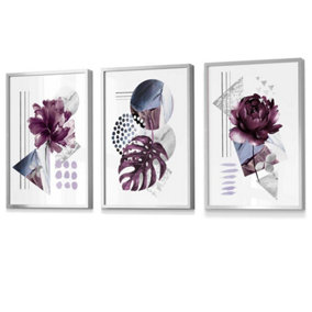 Abstract Purple and Silver Grey Floral Wall Art Prints / 42x59cm (A2) / Silver Frame