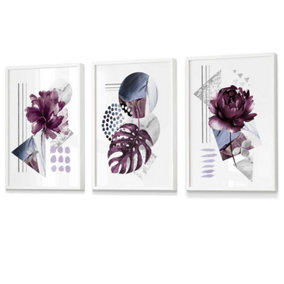 Abstract Purple and Silver Grey Floral Wall Art Prints / 42x59cm (A2) / White Frame