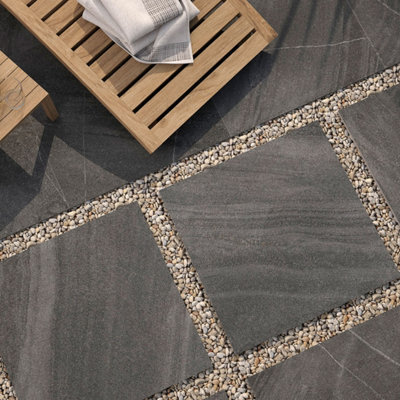 Abyss Matt Black Stone Effect Porcelain Outdoor Tile - Pack of 2, 0.74m² - (L)610x(W)610