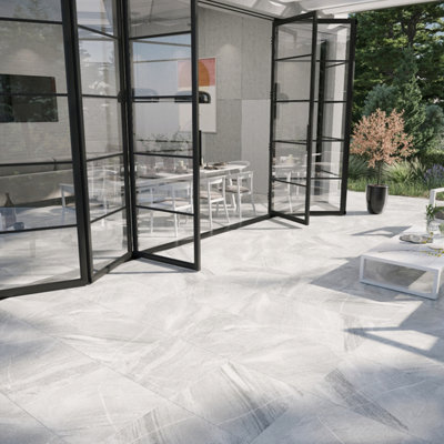 Abyss Matt Grey Stone Effect Porcelain Outdoor Tile Pack of 2 Tiles 0.74m² (L)610mm (W)610mm