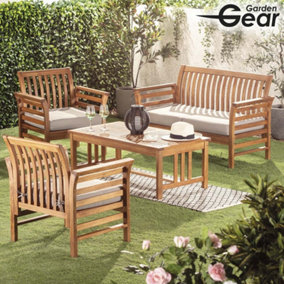 Acacia Garden Sofa, Armchairs and Coffee Table Wooden 4 Piece Furniture Set with Cushions