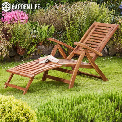 Acacia Hardwood Folding Steamer Deckchair Pre-Treated Garden Furniture with Adjustable Backrest & Integrated Footstool (x2)