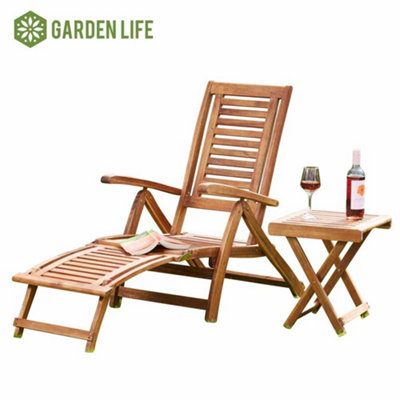 Acacia Hardwood Folding Steamer Deckchair Pre-Treated Garden Furniture with Adjustable Backrest & Integrated Footstool (x2)