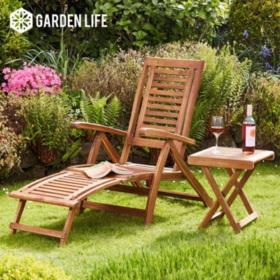Acacia Hardwood Folding Steamer Deckchair & Table Garden Furniture with Adjustable Backrest & Integrated Footstool & Folding Table