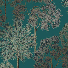 Acacia Tree Wallpaper In Teal and Gold