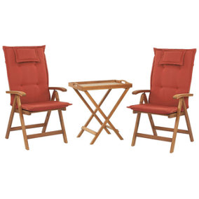 Acacia Wood Bistro Set with Red Cushions JAVA