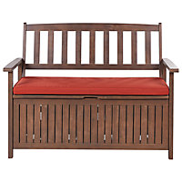 Acacia Wood Garden Bench with Storage 120 cm Dark with Red Cushion SOVANA