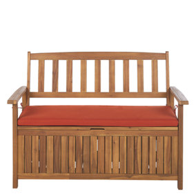 Acacia Wood Garden Bench with Storage 120 cm Light with Red Cushion SOVANA
