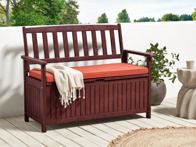 Acacia Wood Garden Bench with Storage 120 cm Mahogany Brown with Red Cushion SOVANA
