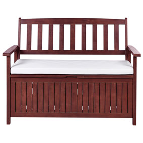 Acacia Wood Garden Bench with Storage 120 cm Mahogany Brown with White Cushion SOVANA