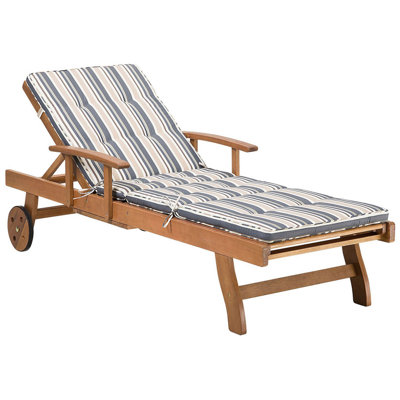 Acacia Wood Reclining Sun Lounger with Blue and Beige Cushion JAVA