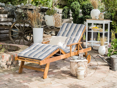 Acacia Wood Reclining Sun Lounger with Blue and Beige Cushion JAVA