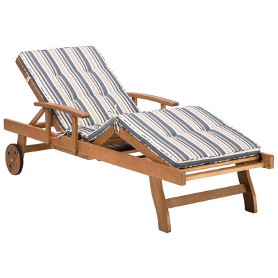 Acacia Wood Reclining Sun Lounger with Blue and Beige Cushion JAVA