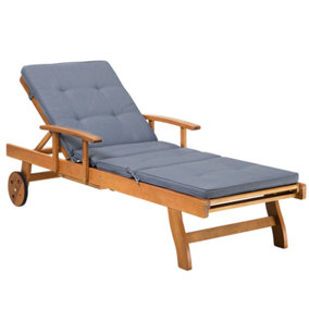 Acacia Wood Reclining Sun Lounger with Blue Cushion JAVA