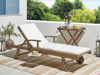 Acacia Wood Reclining Sun Lounger with Off-White Cushion AMANTEA