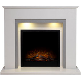 Acantha Allnatt White & Grey Marble Fireplace with Ontario Black Electric Fire, 48 Inch