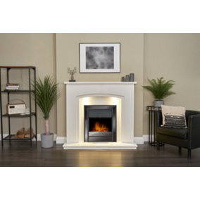 Acantha Granada White Marble Fireplace with Downlights & Argo Electric Fire in Brushed Steel, 48 Inch