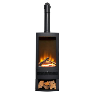 Acantha Horizon Electric Stove with Log Storage & Tall Angled Stove Pipe in Black