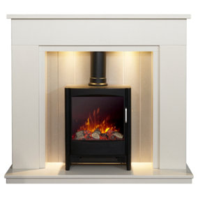 Acantha Larissa White & Grey Marble Stove Fireplace with Downlights & Keston Electric Stove in Black, 48 Inch