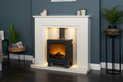 Acantha Larissa White & Grey Marble Stove Fireplace with Downlights & Lunar Electric Stove in Charcoal Grey, 48 Inch