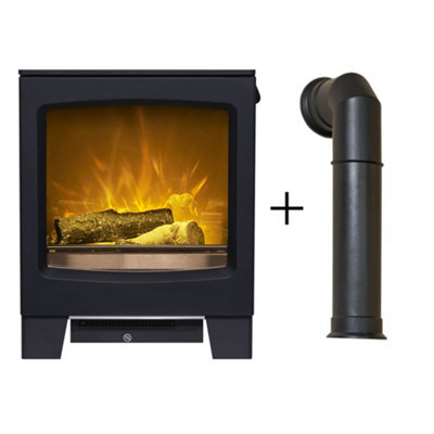 Acantha Lunar Electric Stove in Charcoal Grey with Tall Angled Stove Pipe in Black