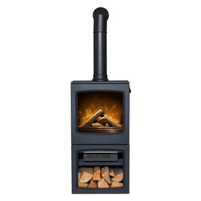 Acantha Lunar XL Electric Stove in Charcoal Grey with Tall Angled Pipe in Black