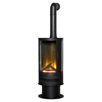 Acantha Orbit Cylinder Electric Stove in Black with Tall Angled Stove Pipe in Black