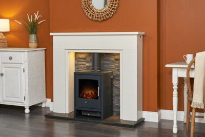 Acantha Rimini White Marble Fireplace with Downlights & Bergen Electric Stove in Charcoal Grey, 48 Inch
