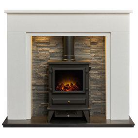 Acantha Rimini White Marble Fireplace with Downlights & Hudson Electric Stove in Black, 48 Inch