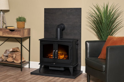 Acantha Tile & Hearth Set in Bronze Venetian Plaster Effect with Woodhouse Stove & Angled Pipe