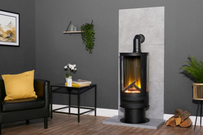 Acantha Tile & Hearth Set in Concrete Effect with Orbit Cylinder Stove & Angled Pipe