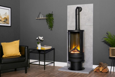 Acantha Tile & Hearth Set in Concrete Effect with Orbit Cylinder Stove & Tall Angled Pipe