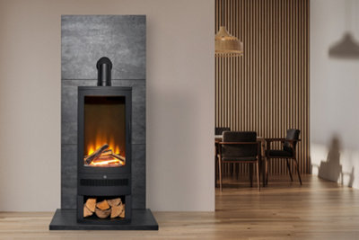 Acantha Tile & Hearth Set in Slate Effect with Horizon Stove & Log Storage