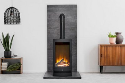 Acantha Tile & Hearth Set in Slate Effect with Horizon Stove & Tall Angled Pipe