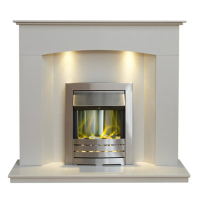 Acantha Tuscon White Marble Fireplace with Downlights & Helios Electric Fire in Brushed Steel, 48 Inch