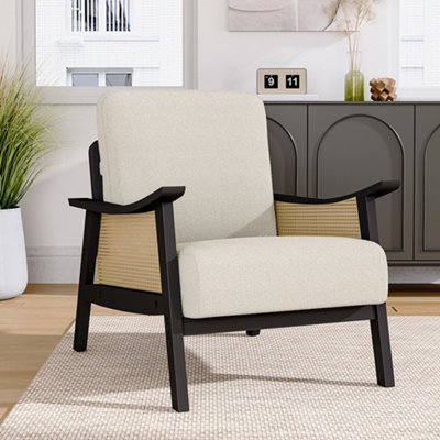 Accent Armchair with Wood Frame Upholstered Rattan Arms Chair in White
