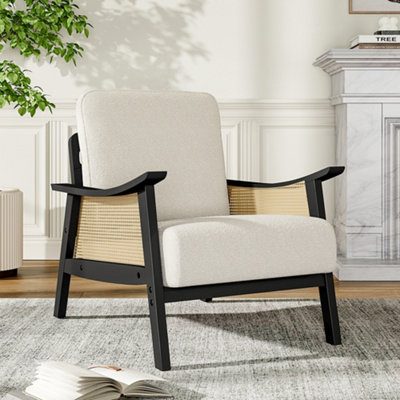 Accent Armchair with Wood Frame Upholstered Rattan Arms Chair in White