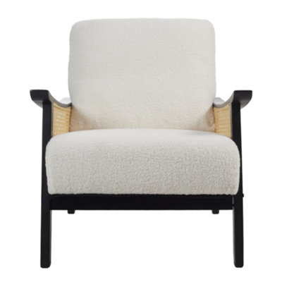 Accent Armchair with Wood Frame Upholstered Rattan Arms Chair in White