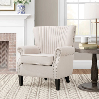 Accent Chair Channel Deep Cushioned Armchair with Nailhead Trim Beige