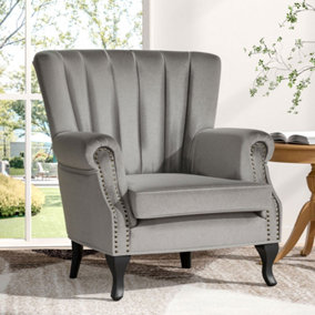 Accent Chair Modern Tufted Wingback Armchairs Velvet Fabric Single Sofa Reading Chair Grey