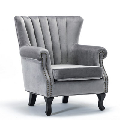 Accent Chair Modern Tufted Wingback Armchairs Velvet Fabric Single Sofa Reading Chair Grey