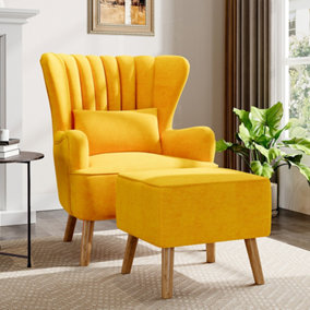 Accent Chair with Footstool and Cushion Faux Wool Upholstered Modern Single Sofa Side Armchair for Living Room Bedroom, Yellow
