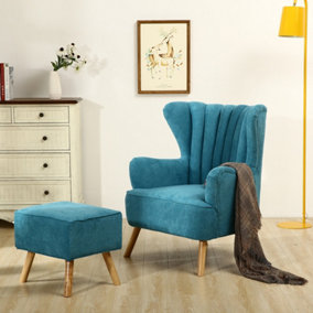 Accent Chair with Footstool and Cushion Faux Wool Upholstered Modern Single Sofa Side Armchair for Living Room Blue