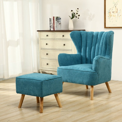 Accent Chair with Footstool and Cushion Faux Wool Upholstered Modern Single Sofa Side Armchair for Living Room Blue