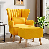 Accent Chair with Footstool and Cushion Faux Wool Upholstered Modern Single Sofa Side Armchair for Living Room Yellow