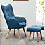 Accent Chair with Footstool and Cushion Velvet Upholstered Armchair with Wood Leg for Living Room Bedroom