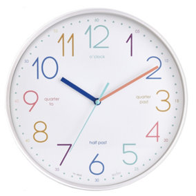 Acctim Afia Teaching Kids Wall Clock Non Ticking Sweep Quartz Quarterly Markers White 30cm